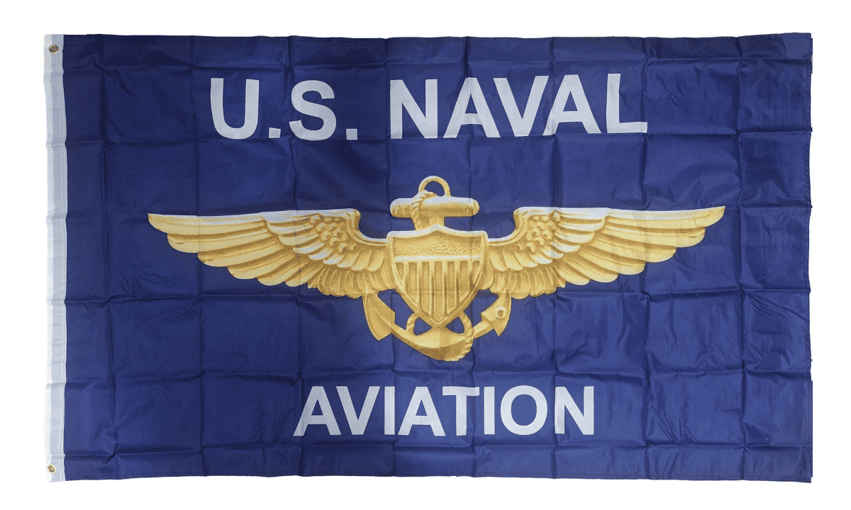 U.S. Naval Aviation flag featuring a golden eagle and wings on a blue background with "U.S. NAVAL" and "AVIATION" text, ideal for military and aviation enthusiasts.