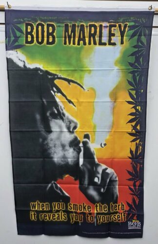 Vibrant Bob Marley smoke herb flag with reggae colors and marijuana leaves, perfect for cannabis enthusiasts and reggae fans.