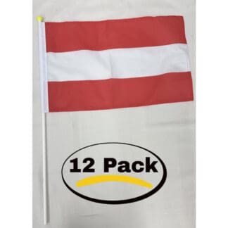 Handheld Austria flags with poles, 12-pack for events, celebrations, or national pride. Perfect for indoor and outdoor use, featuring vibrant colors and durable construction.