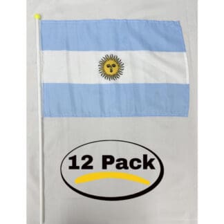 Bright blue and white Argentina flag with sun emblem, perfect for celebrations and events, includes 12 handheld flags with poles for easy waving and display.
