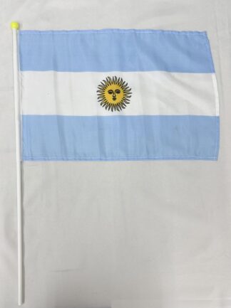 Argentina handheld flag with pole, 12x18 inches, perfect for sports events, celebrations, and patriotic displays. High-quality fabric and vibrant colors showcase national pride.