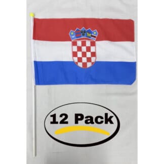 An image of a Croatia handheld flag measuring 12x18 inches, featuring the national colors and coat of arms, mounted on a white pole.