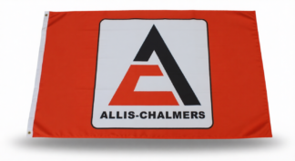 Allis-Chalmers logo flag on a vibrant orange background, representing vintage industrial branding and equipment. Perfect for collectors or fans of historic American manufacturing brands.
