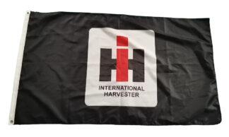 Flag with International Harvester logo, black and white with red accents, ideal for agricultural or machinery enthusiasts, available at El Cheapo Flag Store.