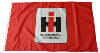 Red International Harvester logo flag, vintage American metal sign, classic truck emblem, collectible industrial logo, nostalgic farm equipment branding.