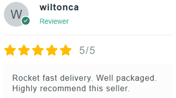 5 Star Review: Rocket fast delivery. Well packaged. Highly recommend this seller.