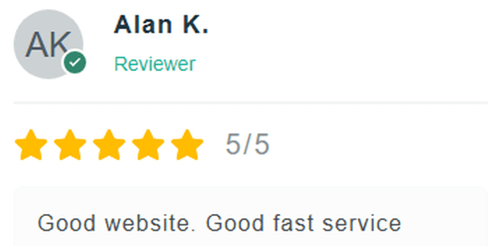 5 Star Review: Good website. Good, fast service.