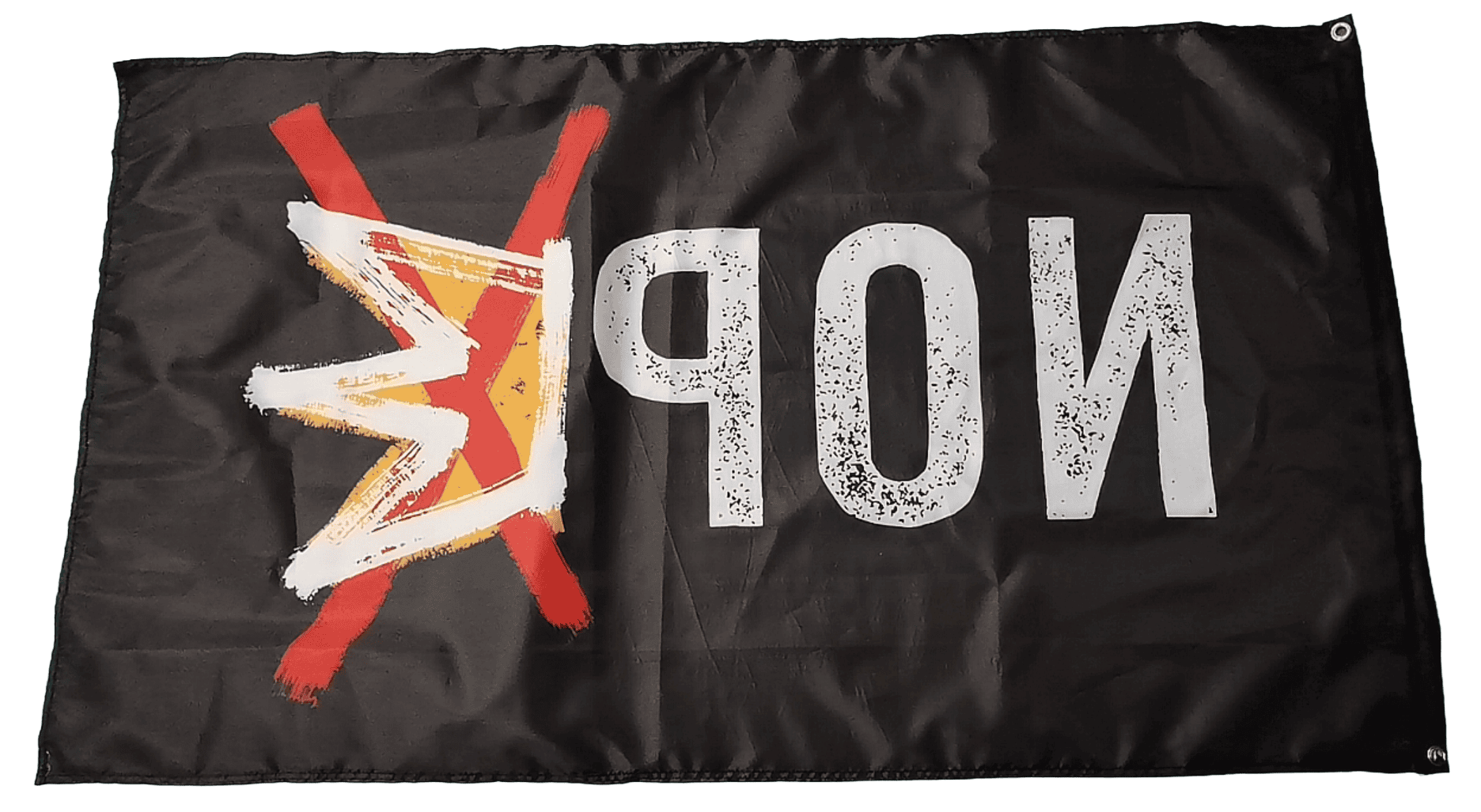 Large black flag with bold white text 'NO KINGS NOPE' and a stylized red and yellow emblem, ideal for outdoor display or protests.