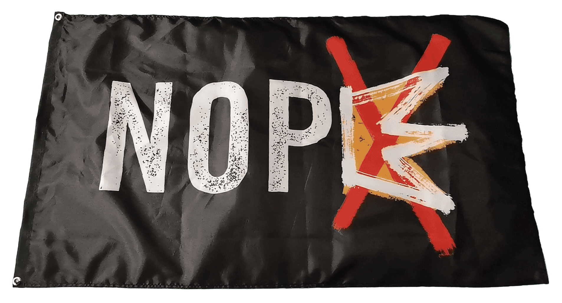 Black flag with bold white text 'NOPE' and a red crossed-out symbol, ideal for political or protest use, measuring 3x5 feet.