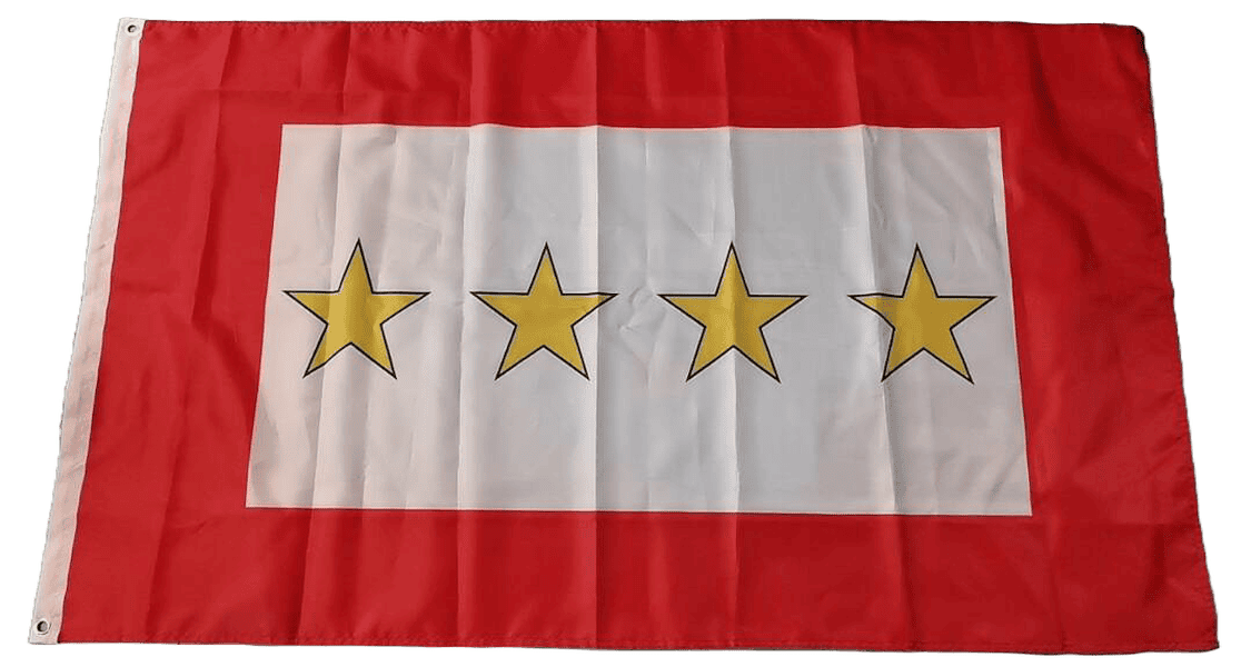 Large 3x5 foot service flag with four gold stars on a white background and red border, ideal for military or patriotic displays.