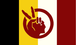 American Indian Movement flag 3x5 feet, featuring a bold red hand inside a circle on a yellow, white, and red striped background, representing Native American activism and pride.