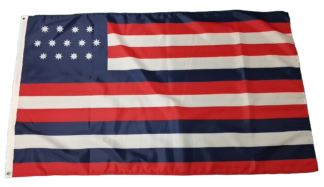 A horizontal view of the historical 1779 Serapis American flag featuring 13 white eight-pointed stars in a blue canton and 13 alternating red, white, and blue stripes.