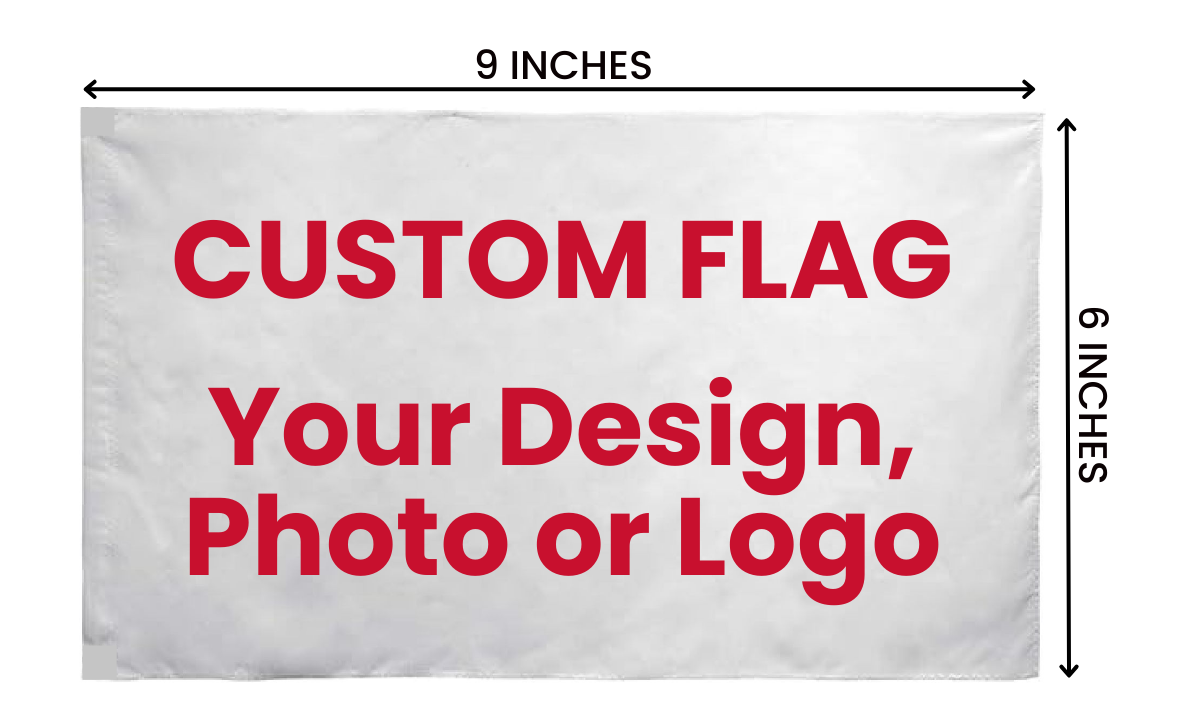 Custom flag with your design, photo, or logo, 6x9 inches, double-sided for vibrant display. With sleeve for your motorcycle or similar pole attachments. Made with durable materials for outdoor or indoor settings.